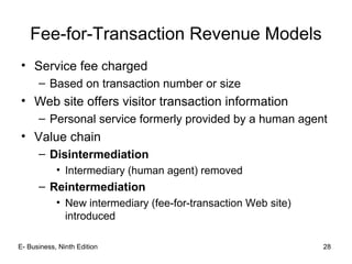 E- Business, Ninth Edition 28
Fee-for-Transaction Revenue Models
• Service fee charged
– Based on transaction number or size
• Web site offers visitor transaction information
– Personal service formerly provided by a human agent
• Value chain
– Disintermediation
• Intermediary (human agent) removed
– Reintermediation
• New intermediary (fee-for-transaction Web site)
introduced
 