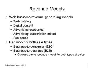 E- Business, Ninth Edition 3
Revenue Models
• Web business revenue-generating models
– Web catalog
– Digital content
– Advertising-supported
– Advertising-subscription mixed
– Fee-based
• Can work for both sale types
– Business-to-consumer (B2C)
– Business-to-business (B2B)
• Can use same revenue model for both types of sales
 