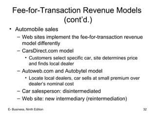 E- Business, Ninth Edition 32
Fee-for-Transaction Revenue Models
(cont’d.)
• Automobile sales
– Web sites implement the fee-for-transaction revenue
model differently
– CarsDirect.com model
• Customers select specific car, site determines price
and finds local dealer
– Autoweb.com and Autobytel model
• Locate local dealers, car sells at small premium over
dealer’s nominal cost
– Car salesperson: disintermediated
– Web site: new intermediary (reintermediation)
 