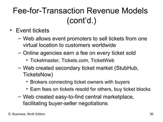 E- Business, Ninth Edition 36
Fee-for-Transaction Revenue Models
(cont’d.)
• Event tickets
– Web allows event promoters to sell tickets from one
virtual location to customers worldwide
– Online agencies earn a fee on every ticket sold
• Ticketmaster, Tickets.com, TicketWeb
– Web created secondary ticket market (StubHub,
TicketsNow)
• Brokers connecting ticket owners with buyers
• Earn fees on tickets resold for others, buy ticket blocks
– Web created easy-to-find central marketplace,
facilitating buyer-seller negotiations
 