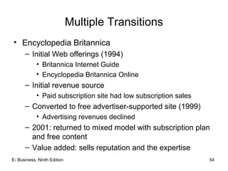 E- Business, Ninth Edition 54
Multiple Transitions
• Encyclopedia Britannica
– Initial Web offerings (1994)
• Britannica Internet Guide
• Encyclopedia Britannica Online
– Initial revenue source
• Paid subscription site had low subscription sales
– Converted to free advertiser-supported site (1999)
• Advertising revenues declined
– 2001: returned to mixed model with subscription plan
and free content
– Value added: sells reputation and the expertise
 