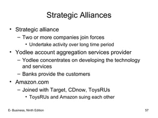 E- Business, Ninth Edition 57
Strategic Alliances
• Strategic alliance
– Two or more companies join forces
• Undertake activity over long time period
• Yodlee account aggregation services provider
– Yodlee concentrates on developing the technology
and services
– Banks provide the customers
• Amazon.com
– Joined with Target, CDnow, ToysRUs
• ToysRUs and Amazon suing each other
 