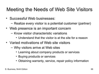 E- Business, Ninth Edition 68
Meeting the Needs of Web Site Visitors
• Successful Web businesses:
– Realize every visitor is a potential customer (partner)
• Web presence is an important concern
– Know visitor characteristic variations
• Understand that the visitor is at the site for a reason
• Varied motivations of Web site visitors
– Why visitors arrive at Web sites
• Learning about company products or services
• Buying products or services
• Obtaining warranty, service, repair policy information
 