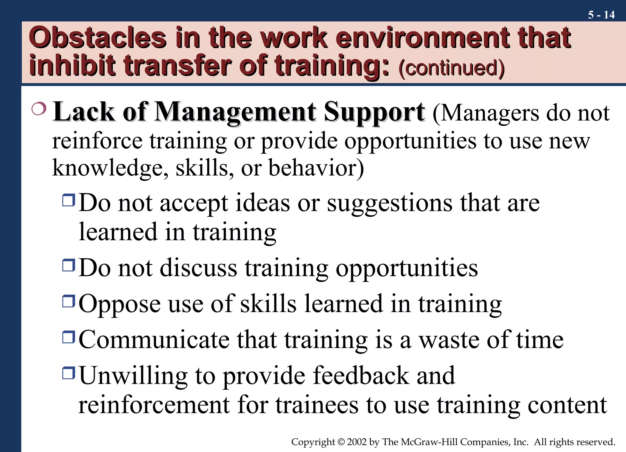 Obstacles in the work environment that inhibit transfer of training:  (continued) Lack of Management Support   (Managers do not reinforce training or provide opportunities to use new knowledge, skills, or behavior) Do not accept ideas or suggestions that are learned in training Do not discuss training opportunities Oppose use of skills learned in training Communicate that training is a waste of time Unwilling to provide feedback and reinforcement for trainees to use training content 5 -  