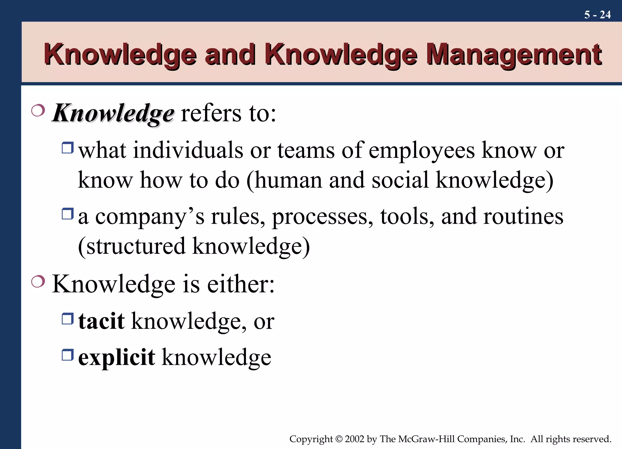 Knowledge and Knowledge Management Knowledge  refers to: what individuals or teams of employees know or know how to do (human and social knowledge) a company’s rules, processes, tools, and routines (structured knowledge) Knowledge is either: tacit  knowledge, or explicit  knowledge 5 -  
