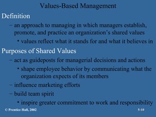 Values-Based Management
Definition
– an approach to managing in which managers establish,
promote, and practice an organization’s shared values
• values reflect what it stands for and what it believes in

Purposes of Shared Values
– act as guideposts for managerial decisions and actions
• shape employee behavior by communicating what the
organization expects of its members
– influence marketing efforts
– build team spirit
• inspire greater commitment to work and responsibility
© Prentice Hall, 2002

5-10

 
