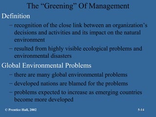 The “Greening” Of Management
Definition
– recognition of the close link between an organization’s
decisions and activities and its impact on the natural
environment
– resulted from highly visible ecological problems and
environmental disasters

Global Environmental Problems
– there are many global environmental problems
– developed nations are blamed for the problems
– problems expected to increase as emerging countries
become more developed
© Prentice Hall, 2002

5-14

 