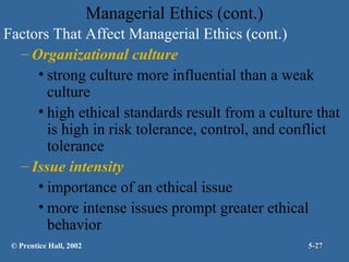Managerial Ethics (cont.)
Factors That Affect Managerial Ethics (cont.)
– Organizational culture
• strong culture more influential than a weak
culture
• high ethical standards result from a culture that
is high in risk tolerance, control, and conflict
tolerance
– Issue intensity
• importance of an ethical issue
• more intense issues prompt greater ethical
behavior
© Prentice Hall, 2002

5-27

 