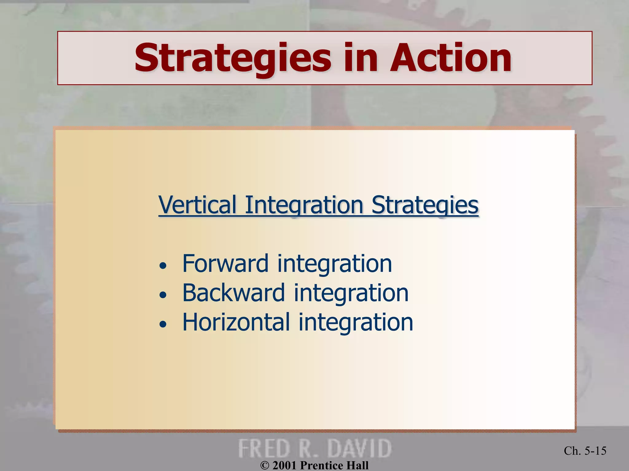 © 2001 Prentice Hall 
Ch. 5-15 
Strategies in Action 
Vertical Integration Strategies 
• Forward integration 
• Backward integration 
• Horizontal integration 
 
