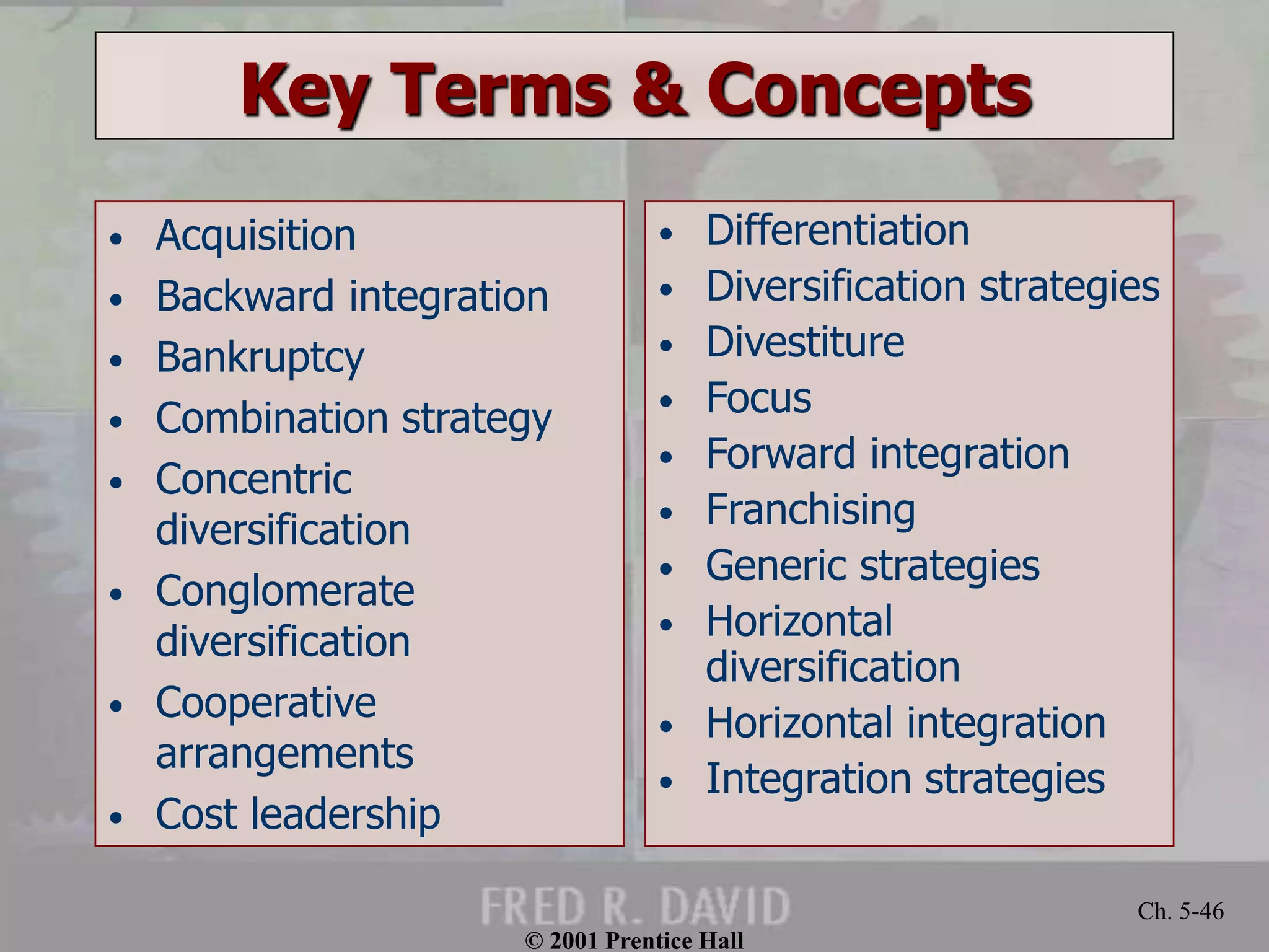 © 2001 Prentice Hall 
Ch. 5-46 
Key Terms & Concepts 
• Acquisition 
• Backward integration 
• Bankruptcy 
• Combination strategy 
• Concentric 
diversification 
• Conglomerate 
diversification 
• Cooperative 
arrangements 
• Cost leadership 
• Differentiation 
• Diversification strategies 
• Divestiture 
• Focus 
• Forward integration 
• Franchising 
• Generic strategies 
• Horizontal 
diversification 
• Horizontal integration 
• Integration strategies 
 