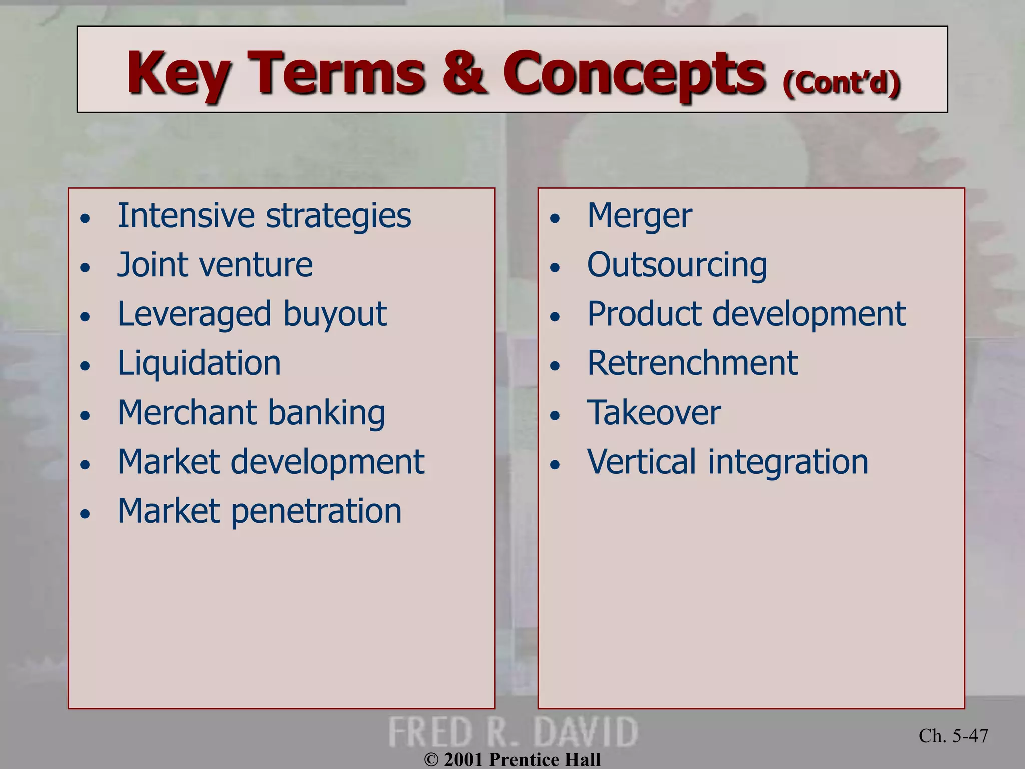 © 2001 Prentice Hall 
Ch. 5-47 
Key Terms & Concepts (Cont’d) 
• Intensive strategies 
• Joint venture 
• Leveraged buyout 
• Liquidation 
• Merchant banking 
• Market development 
• Market penetration 
• Merger 
• Outsourcing 
• Product development 
• Retrenchment 
• Takeover 
• Vertical integration 
 