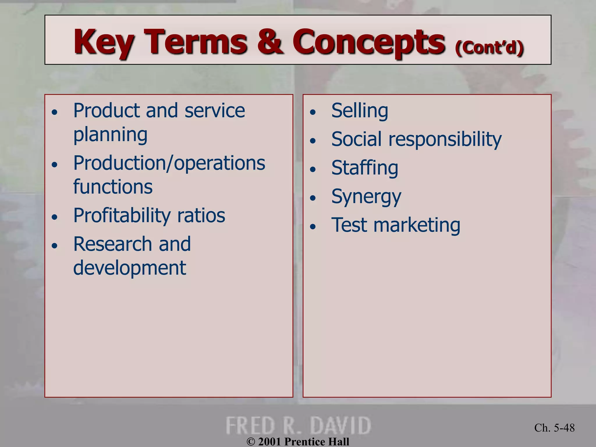 © 2001 Prentice Hall 
Ch. 5-48 
Key Terms & Concepts (Cont’d) 
• Product and service 
planning 
• Production/operations 
functions 
• Profitability ratios 
• Research and 
development 
• Selling 
• Social responsibility 
• Staffing 
• Synergy 
• Test marketing 
