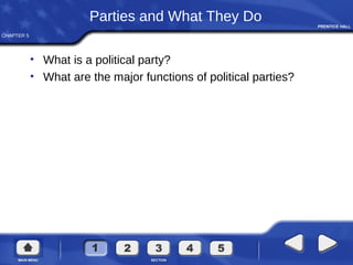 CHAPTER 5
Parties and What They Do
• What is a political party?
• What are the major functions of political parties?
 