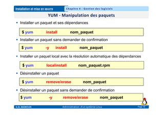 Installation et mise en œuvre
A.EL MAMOUN Administration d’un système Linux
Chapitre 4 : Gestion des logiciels
Page 18
 Installer un paquet et ses dépendances
 Installer un paquet sans demander de confirmation
 Installer un paquet local avec la résolution automatique des dépendances
 Désinstaller un paquet
 Désinstaller un paquet sans demander de confirmation
$ yum install nom_paquet
$ yum -y install nom_paquet
$ yum remove/erase nom_paquet
$ yum -y remove/erase nom_paquet
$ yum localinstall nom_paquet.rpm
 