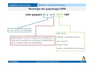 Installation et mise en œuvre
A.EL MAMOUN Administration d’un système Linux
Chapitre 4 : Gestion des logiciels
Page 7
n° de version du paquet
build|release number. Indique une modification
faite par le mainteneur du paquet indépendante
de la version réelle de l'application
i386 : 32 bits
i586|i686 : optimisation Pentium
ppc : PowerPC
x86_64 : 64 bits
noarch : indépendant de l'architecture
 