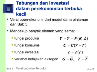 slide 12BAB 5 Perekonomian Terbuka
Tabungan dan investasi
dalam perekonomian terbuka
kecil
 Versi open-ekonomi dari model dana pinjaman
dari Bab 3.
 Mencakup banyak elemen yang sama:
 fungsi produksi
 fungsi konsumsi
 fungsi investasi
 variabel kebijakan eksogen
Y Y F K L  ( , )
C C Y T ( )
I I r ( )
G G T T ,
 