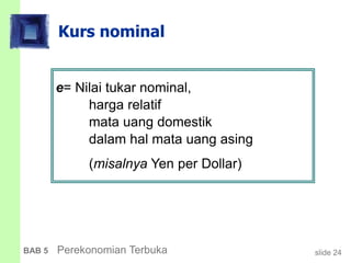 slide 24BAB 5 Perekonomian Terbuka
Kurs nominal
e= Nilai tukar nominal,
harga relatif
mata uang domestik
dalam hal mata uang asing
(misalnya Yen per Dollar)
 
