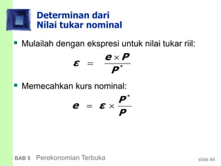 slide 44BAB 5 Perekonomian Terbuka
Determinan dari
Nilai tukar nominal
 Mulailah dengan ekspresi untuk nilai tukar riil:
*
e P
ε
P


 Memecahkan kurs nominal:
*
P
e ε
P
 
 