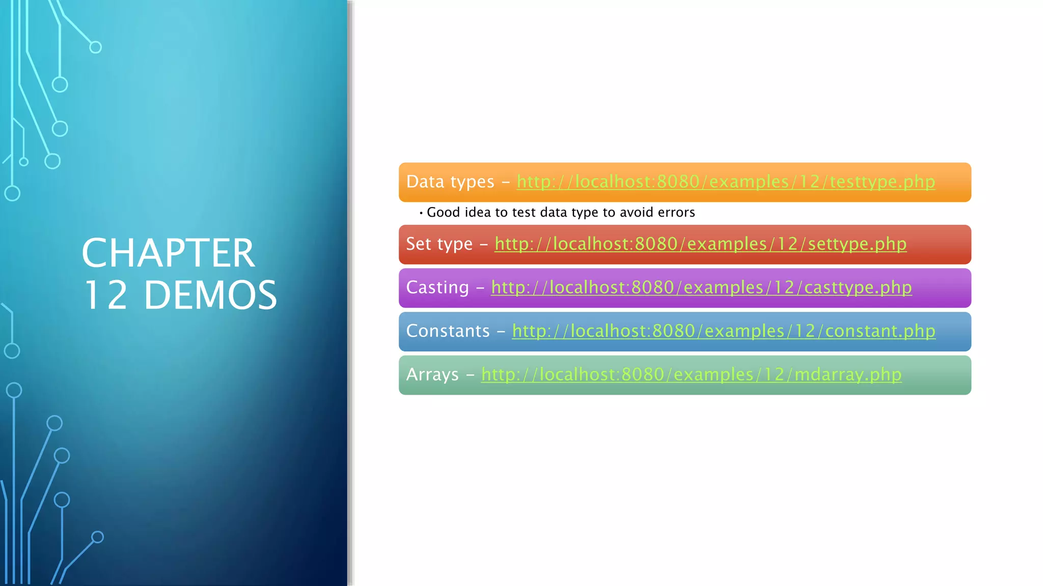 CHAPTER
12 DEMOS
Data types - http://localhost:8080/examples/12/testtype.php
•Good idea to test data type to avoid errors
Set type - http://localhost:8080/examples/12/settype.php
Casting - http://localhost:8080/examples/12/casttype.php
Constants - http://localhost:8080/examples/12/constant.php
Arrays - http://localhost:8080/examples/12/mdarray.php
 