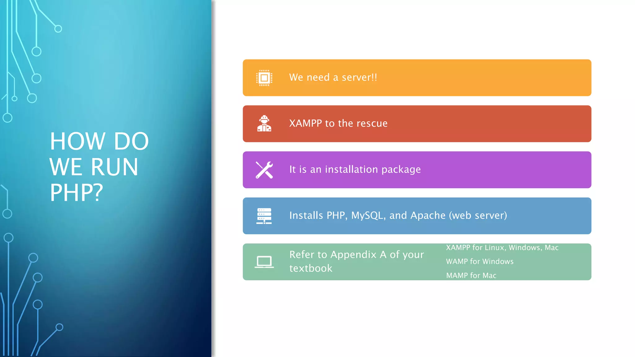 HOW DO
WE RUN
PHP?
We need a server!!
XAMPP to the rescue
It is an installation package
Installs PHP, MySQL, and Apache (web server)
Refer to Appendix A of your
textbook
XAMPP for Linux, Windows, Mac
WAMP for Windows
MAMP for Mac
 