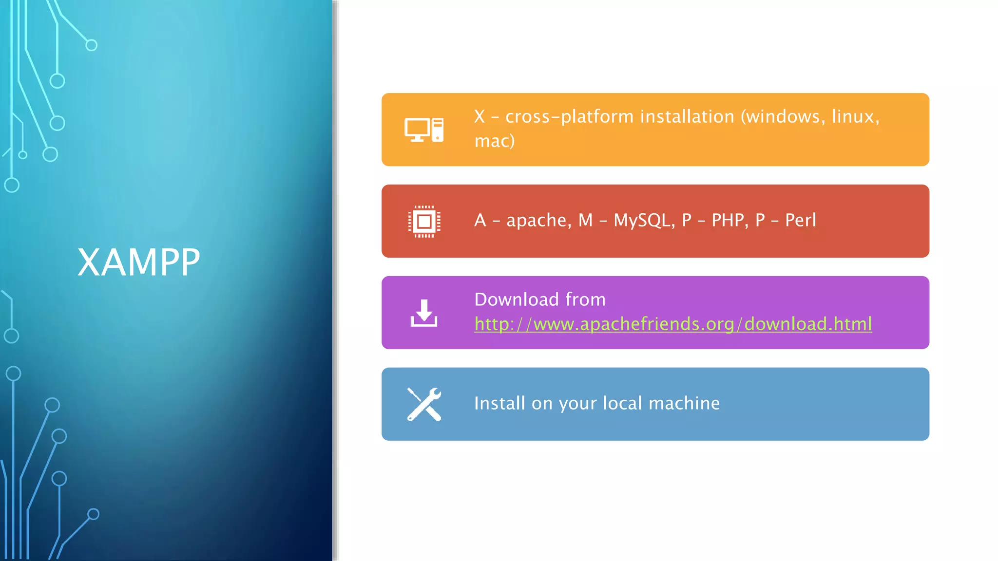 XAMPP
X – cross-platform installation (windows, linux,
mac)
A – apache, M – MySQL, P – PHP, P – Perl
Download from
http://www.apachefriends.org/download.html
Install on your local machine
 