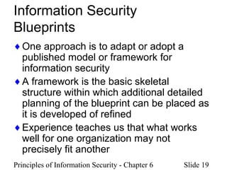 Principles of Information Security - Chapter 6 Slide 19
Information Security
Blueprints
♦One approach is to adapt or adopt a
published model or framework for
information security
♦A framework is the basic skeletal
structure within which additional detailed
planning of the blueprint can be placed as
it is developed of refined
♦Experience teaches us that what works
well for one organization may not
precisely fit another
 
