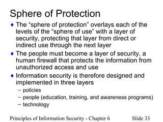 Principles of Information Security - Chapter 6 Slide 33
Sphere of Protection
♦ The “sphere of protection” overlays each of the
levels of the “sphere of use” with a layer of
security, protecting that layer from direct or
indirect use through the next layer
♦ The people must become a layer of security, a
human firewall that protects the information from
unauthorized access and use
♦ Information security is therefore designed and
implemented in three layers
– policies
– people (education, training, and awareness programs)
– technology
 