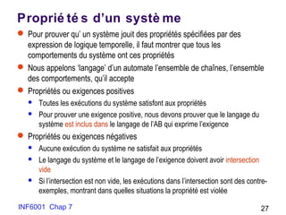 INF6001 Chap 7 27
Proprié té s d’un systè me
 Pour prouver qu’ un système jouit des propriétés spécifiées par des
expression de logique temporelle, il faut montrer que tous les
comportements du système ont ces propriétés
 Nous appelons ‘langage’ d’un automate l’ensemble de chaînes, l’ensemble
des comportements, qu’il accepte
 Propriétés ou exigences positives
 Toutes les exécutions du système satisfont aux propriétés
 Pour prouver une exigence positive, nous devons prouver que le langage du
système est inclus dans le langage de l’AB qui exprime l’exigence
 Propriétés ou exigences négatives
 Aucune exécution du système ne satisfait aux propriétés
 Le langage du système et le langage de l’exigence doivent avoir intersection
vide
 Si l’intersection est non vide, les exécutions dans l’intersection sont des contre-
exemples, montrant dans quelles situations la propriété est violée
 
