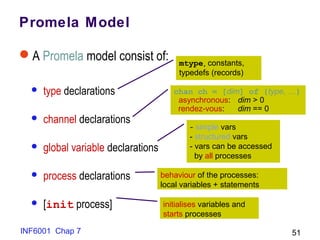 INF6001 Chap 7 51
Promela Model
A Promela model consist of:
 type declarations
 channel declarations
 global variable declarations
 process declarations
 [init process]
behaviour of the processes:
local variables + statements
- simple vars
- structured vars
- vars can be accessed
by all processes
initialises variables and
starts processes
chan ch = [dim] of {type, …}
asynchronous: dim > 0
rendez-vous: dim == 0
mtype, constants,
typedefs (records)
 