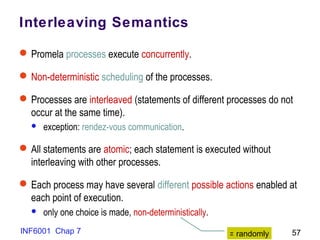 INF6001 Chap 7 57
Interleaving Semantics
Promela processes execute concurrently.
Non-deterministic scheduling of the processes.
Processes are interleaved (statements of different processes do not
occur at the same time).
 exception: rendez-vous communication.
All statements are atomic; each statement is executed without
interleaving with other processes.
Each process may have several different possible actions enabled at
each point of execution.
 only one choice is made, non-deterministically.
= randomly
 