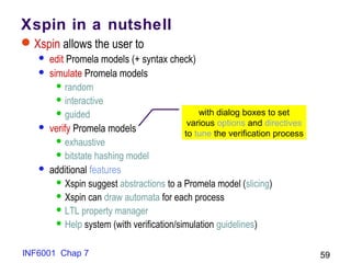 INF6001 Chap 7 59
Xspin in a nutshell
Xspin allows the user to
 edit Promela models (+ syntax check)
 simulate Promela models
 random
 interactive
 guided
 verify Promela models
 exhaustive
 bitstate hashing model
 additional features
 Xspin suggest abstractions to a Promela model (slicing)
 Xspin can draw automata for each process
 LTL property manager
 Help system (with verification/simulation guidelines)
with dialog boxes to set
various options and directives
to tune the verification process
 