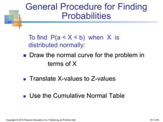 General Procedure for Finding
Probabilities
 Draw the normal curve for the problem in
terms of X
 Translate X-values to Z-values
 Use the Cumulative Normal Table
Copyright © 2010 Pearson Education, Inc. Publishing as Prentice Hall
To find P(a < X < b) when X is
distributed normally:
Ch. 5-35
 