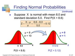 Copyright © 2010 Pearson Education, Inc. Publishing as Prentice Hall
 Suppose X is normal with mean 8.0 and
standard deviation 5.0. Find P(X < 8.6)
Z0.120X8.68
μ = 8
σ = 10
μ = 0
σ = 1
(continued)
0.12
5.0
8.08.6
σ
μX
Z 




P(X < 8.6) P(Z < 0.12)
Ch. 5-37
Finding Normal Probabilities
 