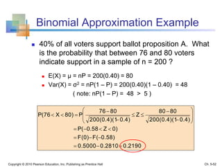 Binomial Approximation Example
0.21900.28100.5000
0.58)F(F(0)
0)Z0.58P(
0.4)200(0.4)(1
8080
Z
0.4)200(0.4)(1
8076
P80)XP(76

















Copyright © 2010 Pearson Education, Inc. Publishing as Prentice Hall
 40% of all voters support ballot proposition A. What
is the probability that between 76 and 80 voters
indicate support in a sample of n = 200 ?
 E(X) = µ = nP = 200(0.40) = 80
 Var(X) = σ2 = nP(1 – P) = 200(0.40)(1 – 0.40) = 48
( note: nP(1 – P) = 48 > 5 )
Ch. 5-52
 