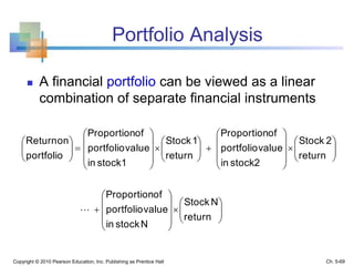 Portfolio Analysis
 A financial portfolio can be viewed as a linear
combination of separate financial instruments
Copyright © 2010 Pearson Education, Inc. Publishing as Prentice Hall Ch. 5-69


























































return
NStock
Nstockin
valueportfolio
ofProportion
return
2Stock
stock2in
valueportfolio
ofProportion
return
1Stock
stock1in
valueportfolio
ofProportion
portfolio
onReturn

 