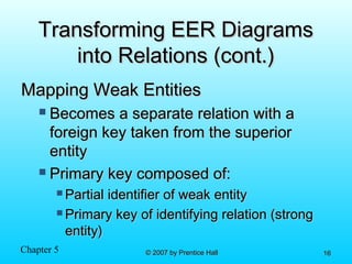 Chapter 5 © 2007 by Prentice Hall© 2007 by Prentice Hall 1616
Transforming EER DiagramsTransforming EER Diagrams
into Relations (cont.)into Relations (cont.)
Mapping Weak EntitiesMapping Weak Entities
 Becomes a separate relation with aBecomes a separate relation with a
foreign key taken from the superiorforeign key taken from the superior
entityentity
 Primary key composed of:Primary key composed of:
 Partial identifier of weak entityPartial identifier of weak entity
 Primary key of identifying relation (strongPrimary key of identifying relation (strong
entity)entity)
 