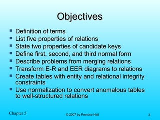 Chapter 5 © 2007 by Prentice Hall© 2007 by Prentice Hall 22
ObjectivesObjectives
 Definition of termsDefinition of terms
 List five properties of relationsList five properties of relations
 State two properties of candidate keysState two properties of candidate keys
 Define first, second, and third normal formDefine first, second, and third normal form
 Describe problems from merging relationsDescribe problems from merging relations
 Transform E-R and EER diagrams to relationsTransform E-R and EER diagrams to relations
 Create tables with entity and relational integrityCreate tables with entity and relational integrity
constraintsconstraints
 Use normalization to convert anomalous tablesUse normalization to convert anomalous tables
to well-structured relationsto well-structured relations
 