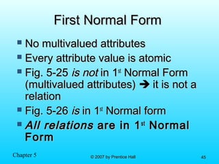 Chapter 5 © 2007 by Prentice Hall© 2007 by Prentice Hall 4545
First Normal FormFirst Normal Form
 No multivalued attributesNo multivalued attributes
 Every attribute value is atomicEvery attribute value is atomic
 Fig. 5-25Fig. 5-25 is notis not in 1in 1stst
Normal FormNormal Form
(multivalued attributes)(multivalued attributes)  it is not ait is not a
relationrelation
 Fig. 5-26Fig. 5-26 isis in 1in 1stst
Normal formNormal form
 All relationsAll relations are in 1are in 1stst
NormalNormal
FormForm
 