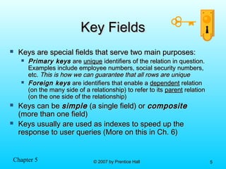 Chapter 5 © 2007 by Prentice Hall© 2007 by Prentice Hall 55
Key FieldsKey Fields
 Keys are special fields that serve two main purposes:Keys are special fields that serve two main purposes:
 Primary keysPrimary keys areare uniqueunique identifiers of the relation in question.identifiers of the relation in question.
Examples include employee numbers, social security numbers,Examples include employee numbers, social security numbers,
etc.etc. This is how we can guarantee that all rows are uniqueThis is how we can guarantee that all rows are unique
 Foreign keysForeign keys are identifiers that enable aare identifiers that enable a dependentdependent relationrelation
(on the many side of a relationship) to refer to its(on the many side of a relationship) to refer to its parentparent relationrelation
(on the one side of the relationship)(on the one side of the relationship)
 Keys can beKeys can be simplesimple (a single field) or(a single field) or compositecomposite
(more than one field)(more than one field)
 Keys usually are used as indexes to speed up theKeys usually are used as indexes to speed up the
response to user queries (More on this in Ch. 6)response to user queries (More on this in Ch. 6)
 