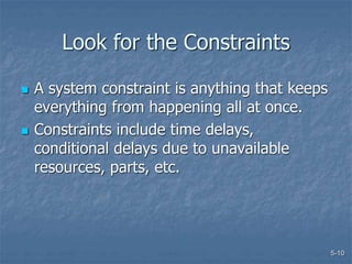 5-10
Look for the Constraints
 A system constraint is anything that keeps
everything from happening all at once.
 Constraints include time delays,
conditional delays due to unavailable
resources, parts, etc.
 