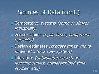 5-13
Sources of Data (cont.)
 Comparative systems (same or similar
industries)
 Vendor claims (cycle times, equipment
reliability)
 Design estimates (process times, move
times, etc. for a new system)
 Literature (published research on
learning curves, predetermined time
studies, etc.)
 