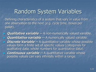 5-20
Random System Variables
 Qualitative variable -- A non-numerically valued variable.
 Quantitative variable -- A numerically valued variable.
 Discrete Variable -- A quantitative variable whose possible
values form a finite set of specific values (categories for
qualitative data, whole numbers for quantitative data).
 Continuous variable -- A quantitative variable whose
possible values can vary infinitely within a range.
Defining characteristics of a system that vary in value from
one observation to the next (e.g. cycle time, boxes per
pallet).
 