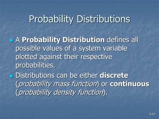 5-51
Probability Distributions
 A Probability Distribution defines all
possible values of a system variable
plotted against their respective
probabilities.
 Distributions can be either discrete
(probability mass function) or continuous
(probability density function).
 