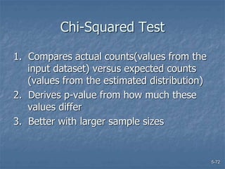5-72
Chi-Squared Test
1. Compares actual counts(values from the
input dataset) versus expected counts
(values from the estimated distribution)
2. Derives p-value from how much these
values differ
3. Better with larger sample sizes
 