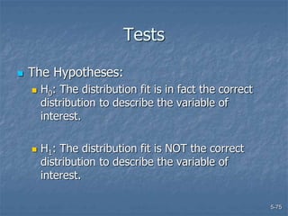 5-75
Tests
 The Hypotheses:
 H0: The distribution fit is in fact the correct
distribution to describe the variable of
interest.
 H1: The distribution fit is NOT the correct
distribution to describe the variable of
interest.
 