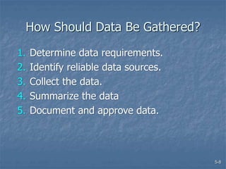 5-8
How Should Data Be Gathered?
1. Determine data requirements.
2. Identify reliable data sources.
3. Collect the data.
4. Summarize the data
5. Document and approve data.
 