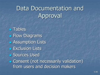 5-95
Data Documentation and
Approval
 Tables
 Flow Diagrams
 Assumption Lists
 Exclusion Lists
 Sources Used
 Consent (not necessarily validation)
from users and decision makers
 