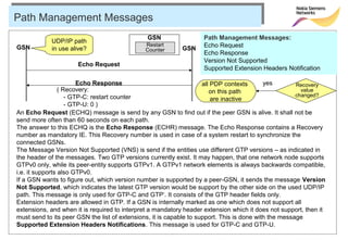 Path Management Messages
                                               GSN                 Path Management Messages:
            UDP/IP path
GSN                                           Restart
                                                            GSN    Echo Request
            in use alive?                     Counter
                                                                   Echo Response
                                                                   Version Not Supported
                      Echo Request
                                                                   Supported Extension Headers Notification

                        Echo Response                                all PDP contexts       yes        Recovery
                 ( Recovery:                                            on this path                     value
                    - GTP-C: restart counter                                                           changed?
                                                                         are inactive
                    - GTP-U: 0 )
An Echo Request (ECHQ) message is send by any GSN to find out if the peer GSN is alive. It shall not be
send more often than 60 seconds on each path.
The answer to this ECHQ is the Echo Response (ECHR) message. The Echo Response contains a Recovery
number as mandatory IE. This Recovery number is used in case of a system restart to synchronize the
connected GSNs.
The Message Version Not Supported (VNS) is send if the entities use different GTP versions – as indicated in
the header of the messages. Two GTP versions currently exist. It may happen, that one network node supports
GTPv0 only, while its peer-entity supports GTPv1. A GTPv1 network elements is always backwards compatible,
i.e. it supports also GTPv0.
If a GSN wants to figure out, which version number is supported by a peer-GSN, it sends the message Version
Not Supported, which indicates the latest GTP version would be support by the other side on the used UDP/IP
path. This message is only used for GTP-C and GTP‘. It consists of the GTP header fields only.
Extension headers are allowed in GTP. If a GSN is internally marked as one which does not support all
extensions, and when it is required to interpret a mandatory header extension which it does not support, then it
must send to its peer GSN the list of extensions, it is capable to support. This is done with the message
Supported Extension Headers Notifications. This message is used for GTP-C and GTP-U.
 