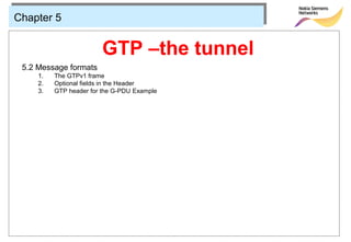 Chapter 5


                        GTP –the tunnel
 5.2 Message formats
     1.   The GTPv1 frame
     2.   Optional fields in the Header
     3.   GTP header for the G-PDU Example
 