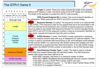 The GTPv1 frame II
                                           Length (2 octets): These two octets indicate the length of the payload
     8 7 6    5 4 3 2      1    (without GTP header) in octet. The first 8 octets of the GTP header are mandatory.
                                The length of the payload is counted from the 8 th octet onwards.
1 Version PT X E S PN
                                            TEID (Tunnel Endpoint ID) (4 octets): The tunnel endpoint identifier of
2       Message Type            the destination. TEIDs exist both for GTP-C and GTP-U protocol entities.
                                optional   Sequence Number (2 octets): The sequence number is an optional field
3                               in the G-PDU. If the sequence order for the payload that has to be transmitted in the
             Length             GTP-U tunnel has be be preserved, then a strictly increasing sequence numbering
4                               has to be added in the header field Sequence Number For control message frames
                                (both GTP-C and GTP-U) the sequence number is used as a transaction identifier (in
5                               other words: request and response have the same number).
            Tunnel              optional   N-PDU Number (1 octet): The N-PDU number represents a sequence
6
           Endpoint             number for network protocol data units (e.g. IP datagrams for external network). The
           Identifier           number is used to coordinate data transmission in the acknowledged mode between
7
            (TEID)              the MS and the SGSN. It is used during inter-SGSN routing area updates and inter-
                                system handovers to support loss-less data transmission. In an inter-SGSN routing
8
                                area update, the SNDCP N-PDU number is transmitted in the N-PDU Number field.
9                               optional    Next Extension Header Type (1 octet): This field is used to indicate
      Sequence Number           which extension header follows after the standard header. Five Next Extension
10                              Header field values have been defined so far:
                                     •0000 0000’ indicates, that there is no extension header to follow.
11      N-PDU Number                 •0000 0001’ MBMS (MultiMedia Broadcast/Multicast Service) support indication
                                     •1100 0000’ delivers a PDCP PDU number (UMTS use only).
12 Next Extension Header Type        •1100 0001’ for a suspend request.        For MS in Dual Transfer Mode (DTM)
                                     •1100 0010’ for a suspend response.
 
